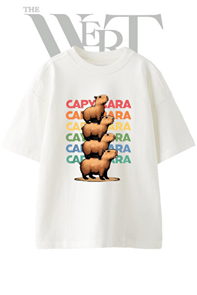 THEWERT تي شيرت أبيض كبير الحجم مطبوع بتصميم Capybara Stack للجنسين