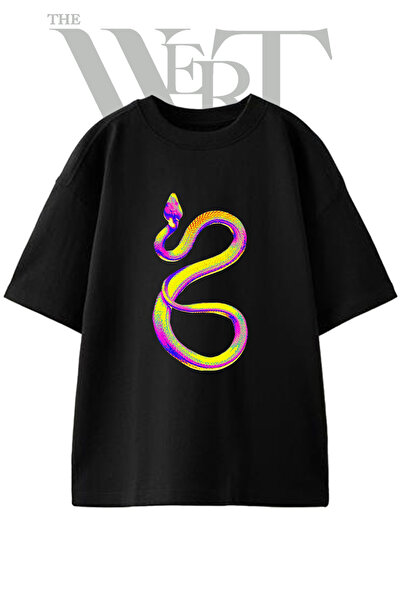 THEWERT Neon Snake Design Printed Unisex Black Oversize T-Shirt