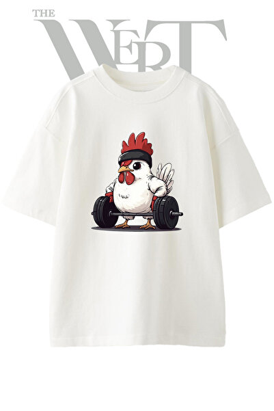 THEWERT Weightlifter Chicken Design Printed Unisex White Oversize T-Shirt