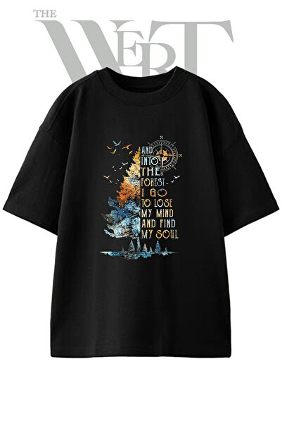 THEWERT Forest Compass Design Printed Unisex Black Oversize T-Shirt