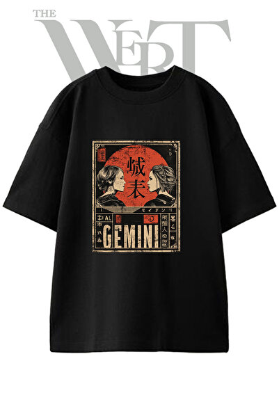 THEWERT Ιαπωνικό μπλουζάκι με στάμπα Gemini Design, Unisex, μαύρο, oversized