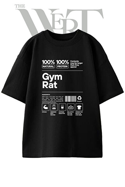 THEWERT تي شيرت أسود كبير الحجم مطبوع بتصميم Gym Rat للجنسين