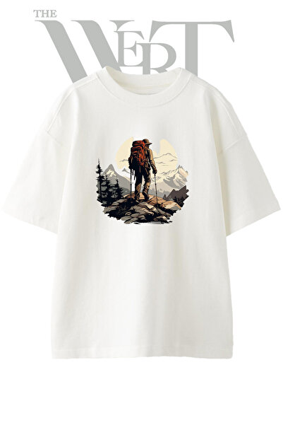 THEWERT Hiking Mountain Design Printed Unisex White Oversize T-Shirt