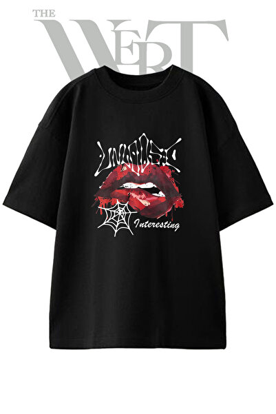 THEWERT Tricou oversize negru unisex cu imprimeu Vampire Lips Design