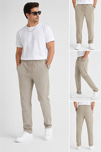 SHAYI Men's Beige Jagger Pants Lace-Up Buttoned Stretchy Knitted Fabric Casua...