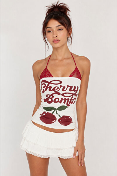 None Wear White Cherry Bomb Y2K Lace Strap Crop Top