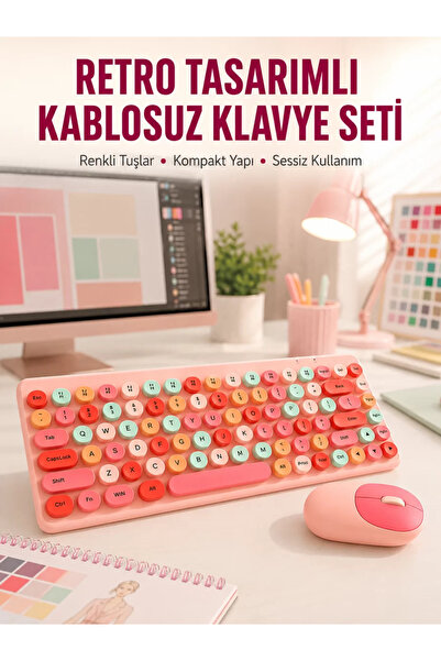 Renkli Retro Tuş Takımlı Bluetooth Klavye – 3 Cihaz Bağlantılı Kompakt Tasarım