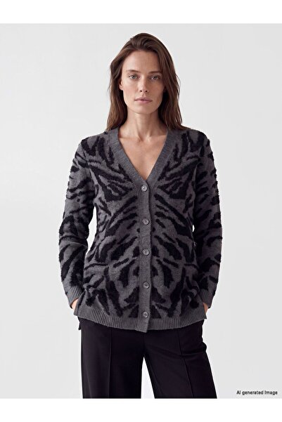 LC Waikiki Lcw Grace Black V-Neck Patterned Women's Knitwear Cardigan