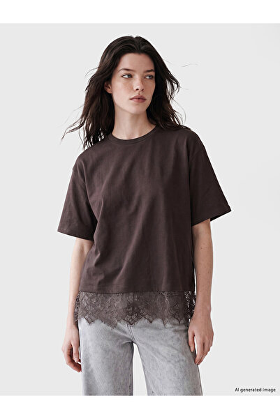 LC Waikiki Brown Crew Neck Women's T-Shirt with Lace Detail