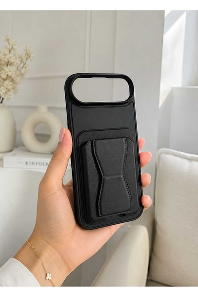 Case I PHONE 17 AIR Uyumlu SİYAH Premium Deri Kartlıklı Telefon Kılıfı | Stan...