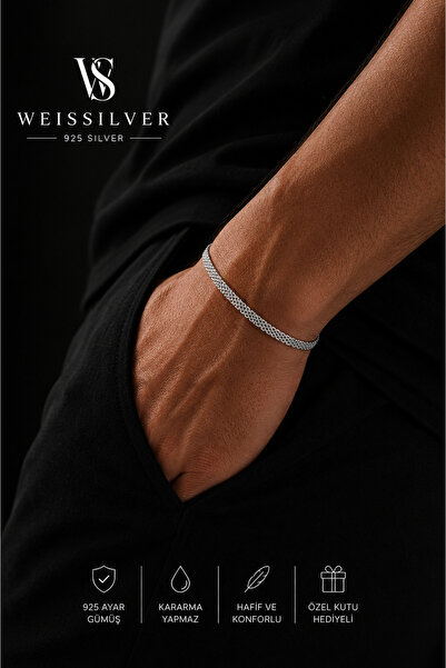 WeisSilver 925 Ayar Gümüş Old Money Hasır Bileklik –Gümüş Erkek Bileklik 17+5 cm