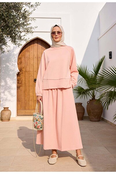 Aselim Hijap Moda طقم تنورة كبيرة الحجم من قماش مودال ميهرا بلون الخوخ