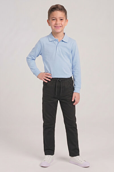 nacar çarşı Boy's Baby Blue Long Sleeve Polo Collar T-Shirt Black Ribbed Wais...