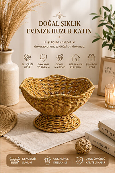 YzHome Hasır Rattan Ayaklı Papatya Meyvelik Sepet Bol Kase Çok Amaçlı 15*24cm