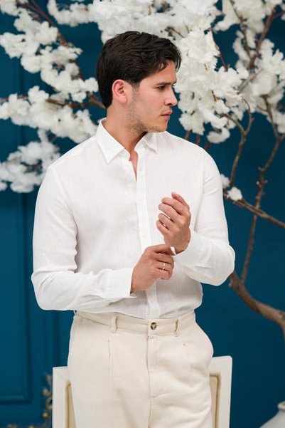 Paul Martin Regular Fit Hidden Button Collar 100% Linen Raw Linen Shirt