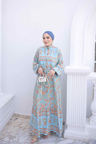 İmajButik Blue Half Buttoned Sleeves Elastic Skirt Layered Viscose Dress