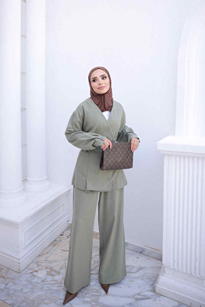 İmajButik Haki Bel Bağlamalı Kimona Pantolonlu Keten Takım