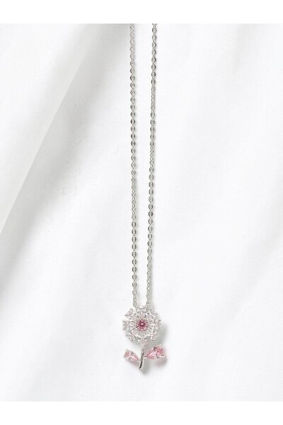 deryora Pink Zircon Stone Daisy Model Silver Color Necklace