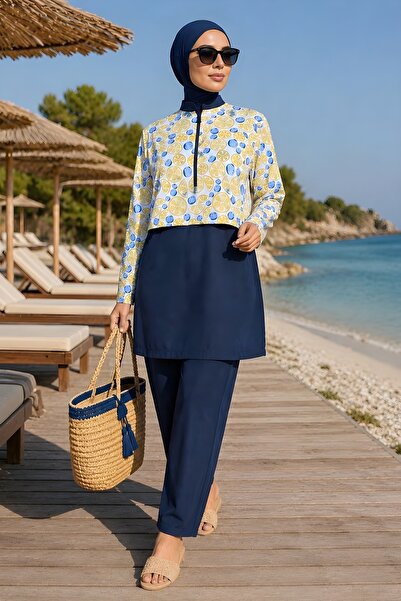 İmajButik Yellow Waterproof Hijab 3-Piece Swimsuit Set