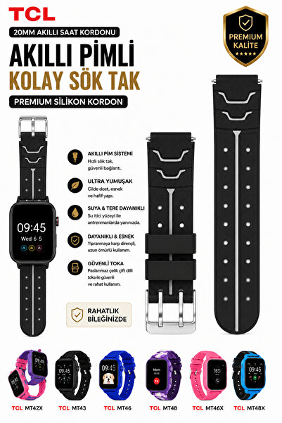 TCL MoveTime Akıllı Saat Kordonu MT42 Uyumlu Siyah Orijinal Pimli Yumuşak Sil...