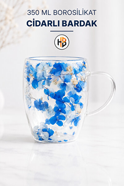HOBİLON Borosilikat Orjinal 350 ML Çift Çidarlı Çiçekli Kahve Çay için Kupa