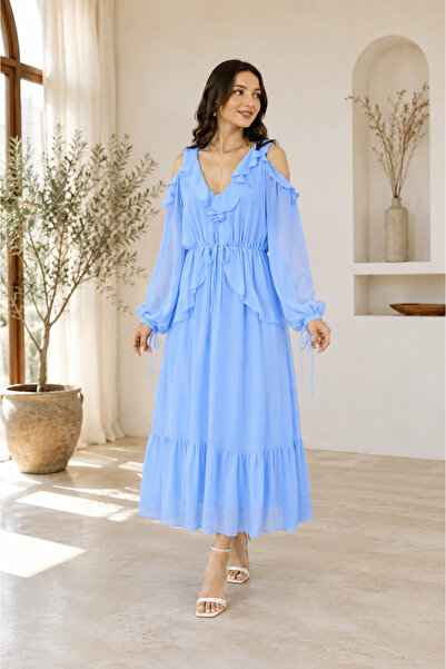 Generic Brand Women's Off-Shoulder Chiffon Maxi Dress with Ruffle Detail and ...