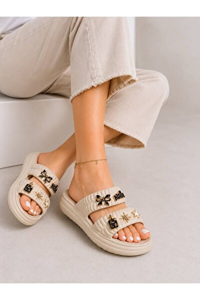 DİAMOND OUTLET Women's Double-Strapped Charm Detailed Casual Slippers with Co...
