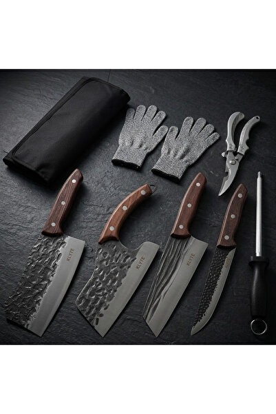 Klyte 8-Piece Kitchen Knife Set, Hammered Meat Cleaver & Chef Knives, Include...