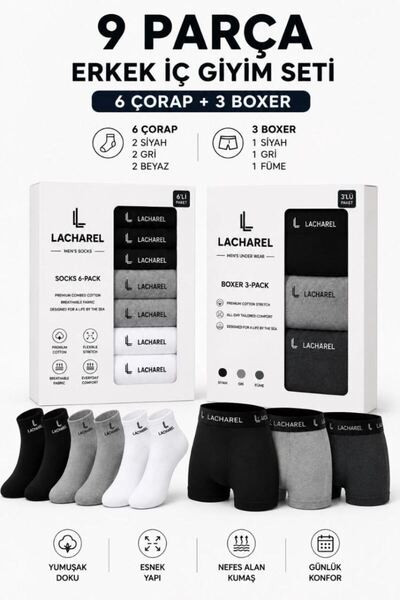 Mariposa Secret Men's 9-Piece Underwear Set Cotton 3 Boxers 6 Socks Multi-Pac...