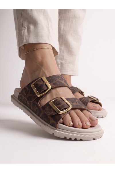 agilashoes Leopard Pattern Gold Double Buckle Women's Slippers