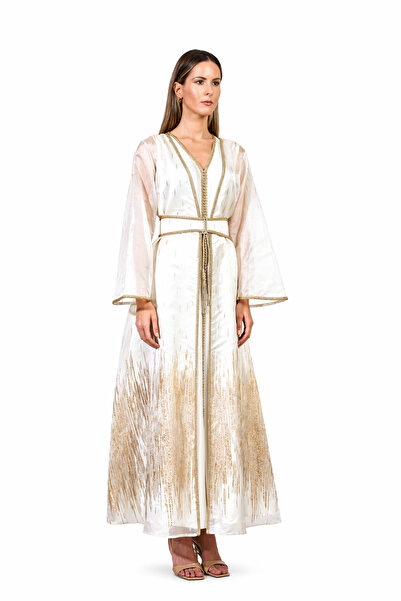 ELEGANZA LA MODE Off White, Gold Moroccan Kaftan – ELM M 665