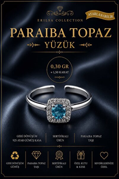Erilsa Sertifikalı Paraiba Topaz Taşı Kare Faset Kesim 1,50 Karat 925 Ayar Gü...