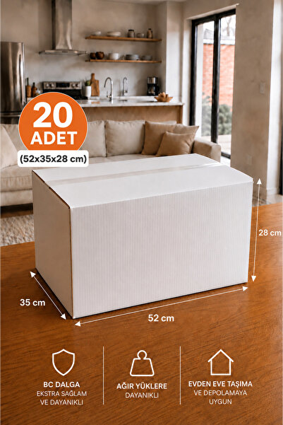 kartonya 20 Adet Ev Taşıma Kolisi 52x35x28 cm BC Dalga Beyaz Koli + 20 Adet K...