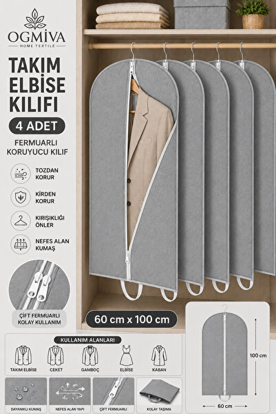 OgMiva 4'lü Gri Takım Elbise Kılıfı 60x100 cm Çift Fermuarlı Gamboç Elbise Kı...