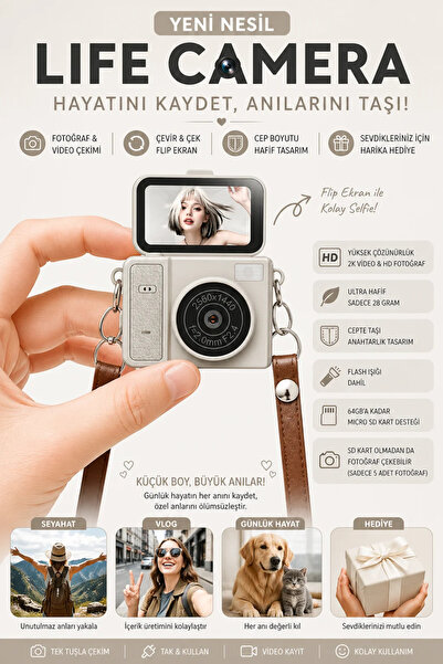 RoseandRoses Mini Dijital Fotoğraf Makinesi Flip Life Video Foto Kamera 2K+48...