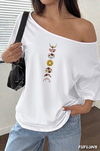 FUFLUNS Dairesel Flower Printed Oversized Women's Boat Neck T-Shirt