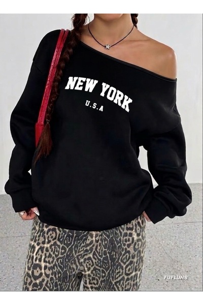 FUFLUNS New York Usa Printed Oversized Women's Boat Neck Sweatshirt
