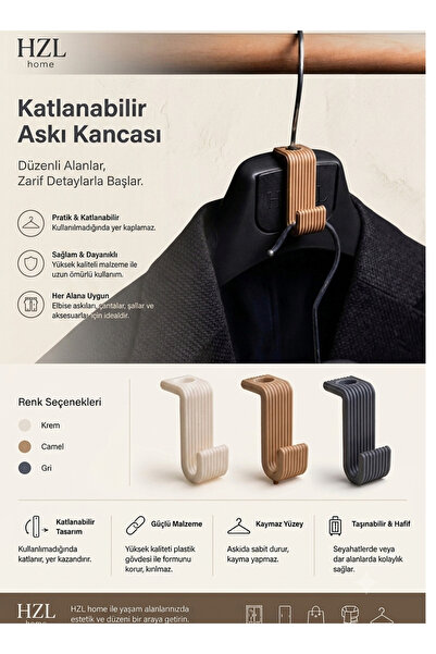 HZL HOME Beyaz Yer Tasarruflu Katlanabilir Askı Kancası - Kaymaz Yüzeyli & Da...