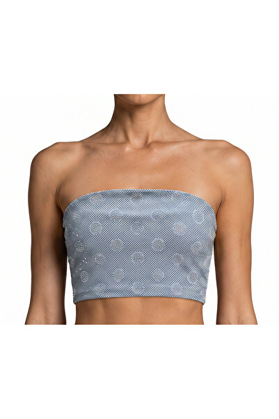 Taşlı Büstiyer,%95 Pamuk, Straplez Crop Top,, Fermuarlı, Puantiye Desen