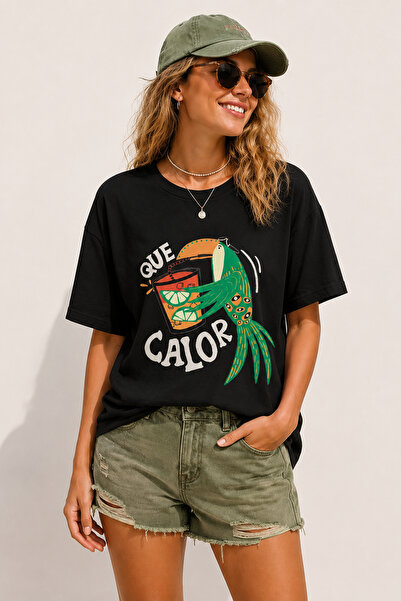 ArtYus Que Calor Papağan Printed Crew Neck Casual Unisex Oversize T-Shirt - T...