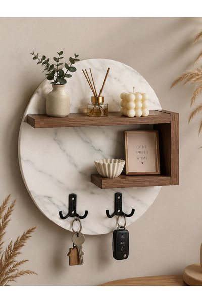 Genel Markalar Modern Yuvarlak Duvar Anahtarlığı ve Raflı Düzenleyici 38 cm –...