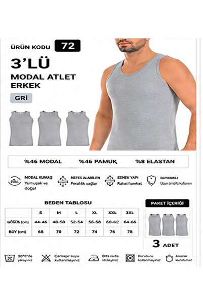 Yıldız Çamaşır Men's Modal Lycra Strap Undershirt (70-71-72-73-74) - 3 Pieces