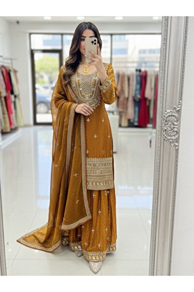 MYSMAR Gold Fendy-Silk Top Pant & Dupatta - HRT7084-Gold-Size-M-38-Inches