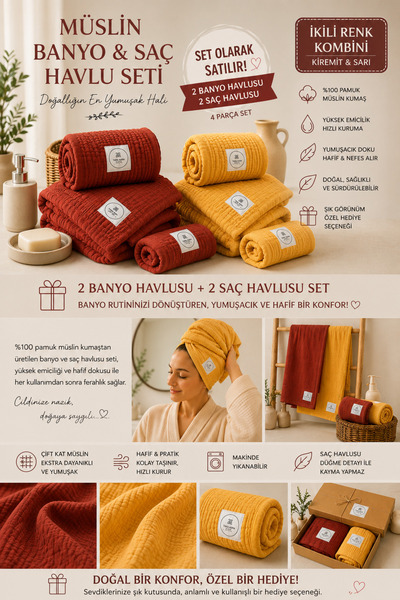 TaraAura 100% Cotton 4-Layer Muslin Bath Towel and Hair Towel Set - Highly Ab...