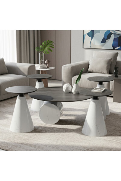 GLAMOURE HOME طقم طاولات ضيافة مودرن هندسي 5 قطع (طاولة وسط رئيسية دائرية منخفضة + 4 طاولات خدمة جانبية مخروطية).