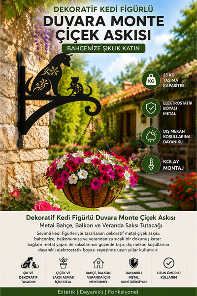Loomina Home Lazer Kesim Dekoratif Kedi ve Köpek Figürlü Metal Saksı Tutacağı...