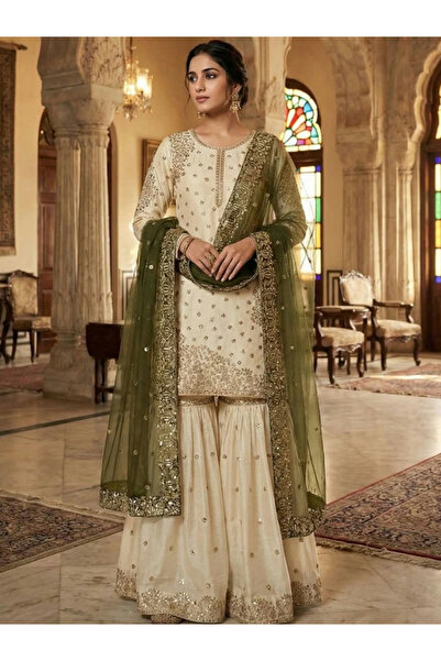 MYSMAR Mehandi Silk Top Plazzo & Dupatta - FFT7276 -Mehandi-Size:L-40-Inches