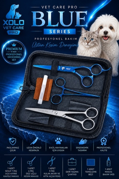 xolo Vet Care Pro Blue 6 Parça Kedi Köpek Makas Seti Kavisli Düz Makas Kıtık ...