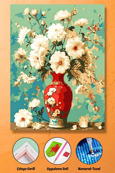 HONDEP 5D Diamond Painting 50x40cm Kırmızı Vazoda Çiçekler Sayılarla Elmas Bo...