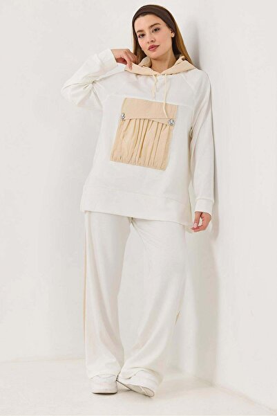 Raneel Kazançlı Alışveriş Women's Hooded Tracksuit with Front Pockets White